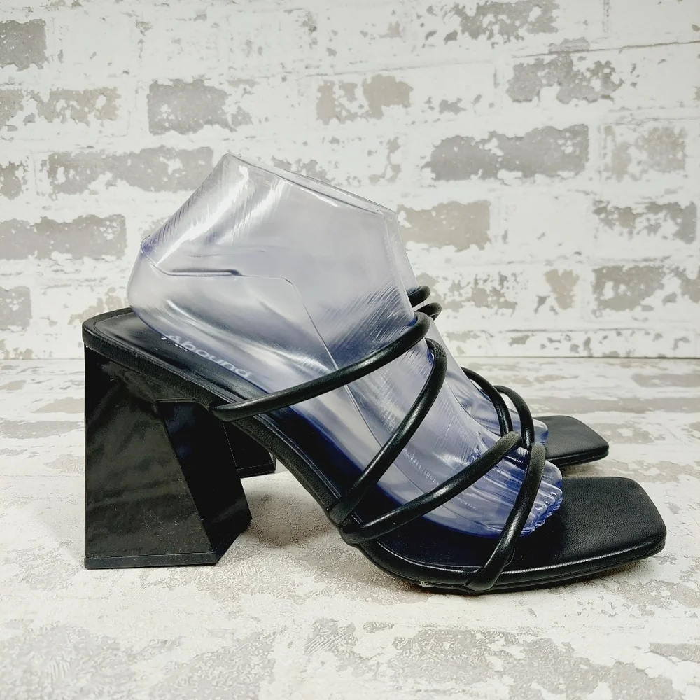 New Abound Austyn Black Block Heel Square Toe Strappy Sandals K309